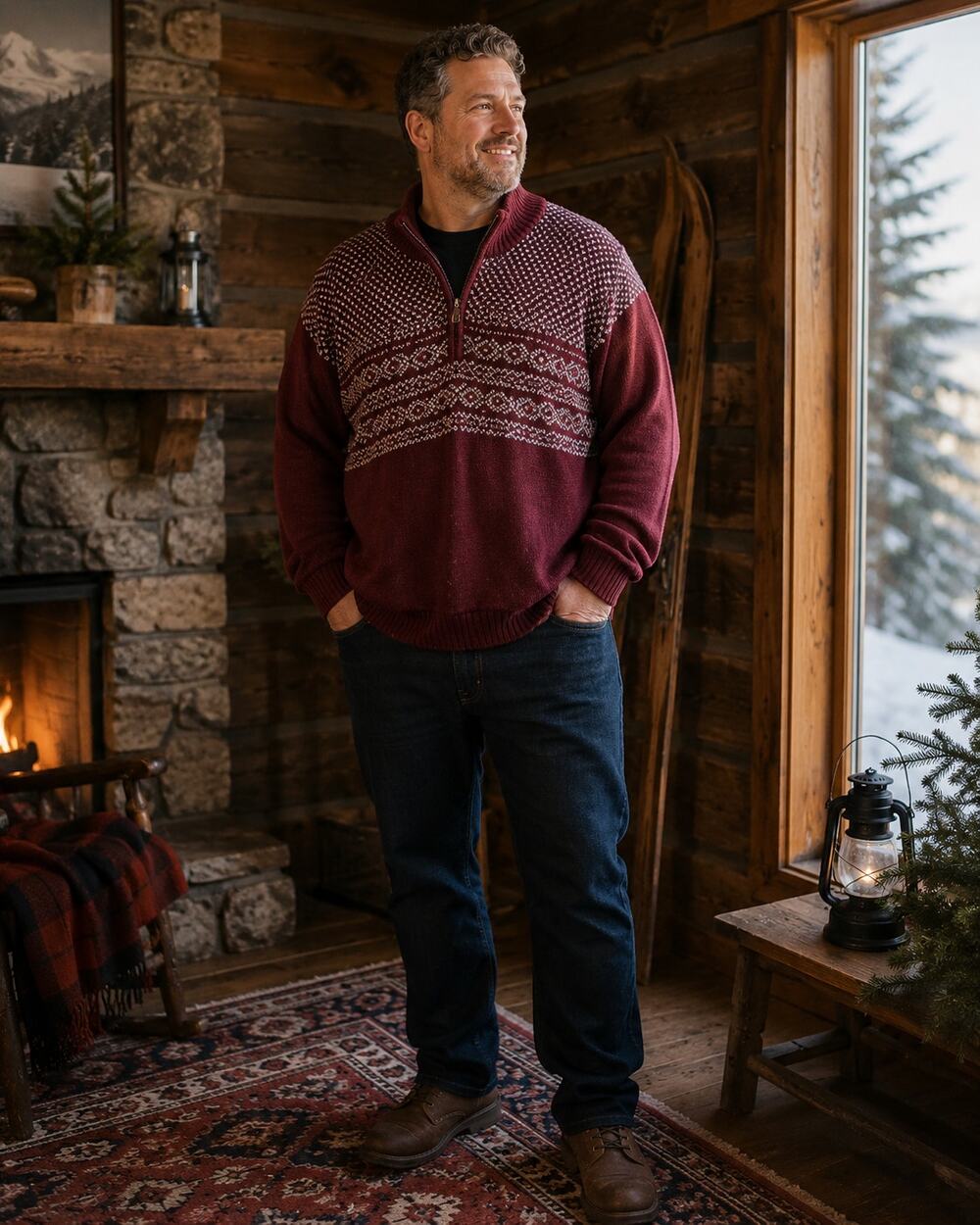 Burgundy Fair Isle Quarter Zip Sweater XXL Après Ski Lodge Holiday Weatherproof